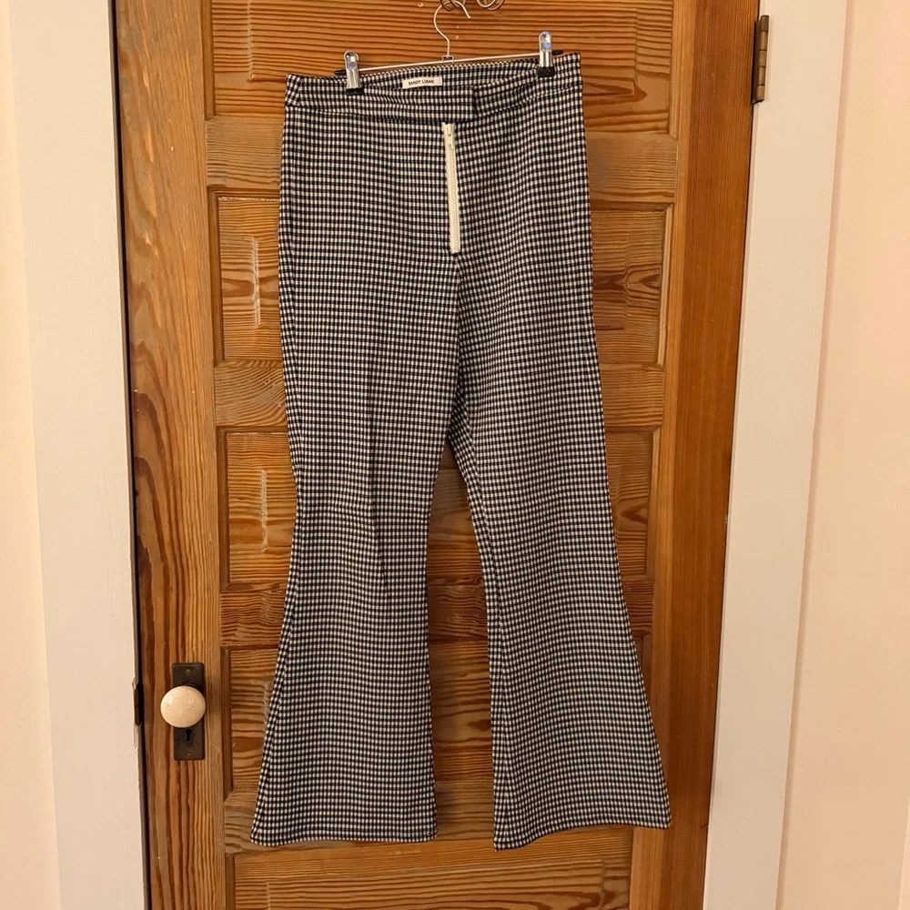 Sandy Liang Front Zip Flare Pants, Black and White Check, Size 10 - Picture 2 of 13